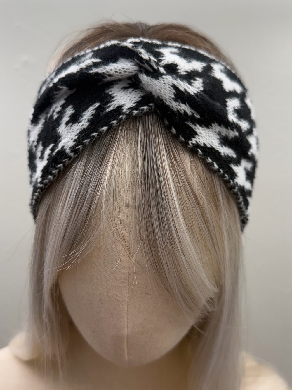 Black White Houndstooth Knit Twist Headband Wide Winter Ear Warmer